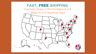 Map of the U.S. with red pins showing warehouse locations and text that says, “Fast, Free Shipping—Ships in 2–3 Business Days