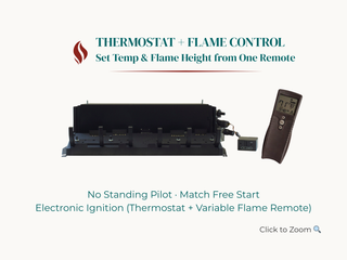 Empire Slope Glaze VFSE electronic ignition burner with thermostat and variable flame-height remote. Features no standing pilot and match-free ignition. Includes remote, receiver box, and advanced flame/temp control.