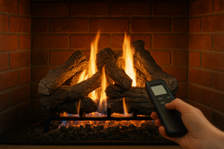 Gas fireplace with glowing ceramic logs and remote control in cozy living room setting