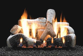 Empire Birch vent-free gas log set burning with realistic yellow flames