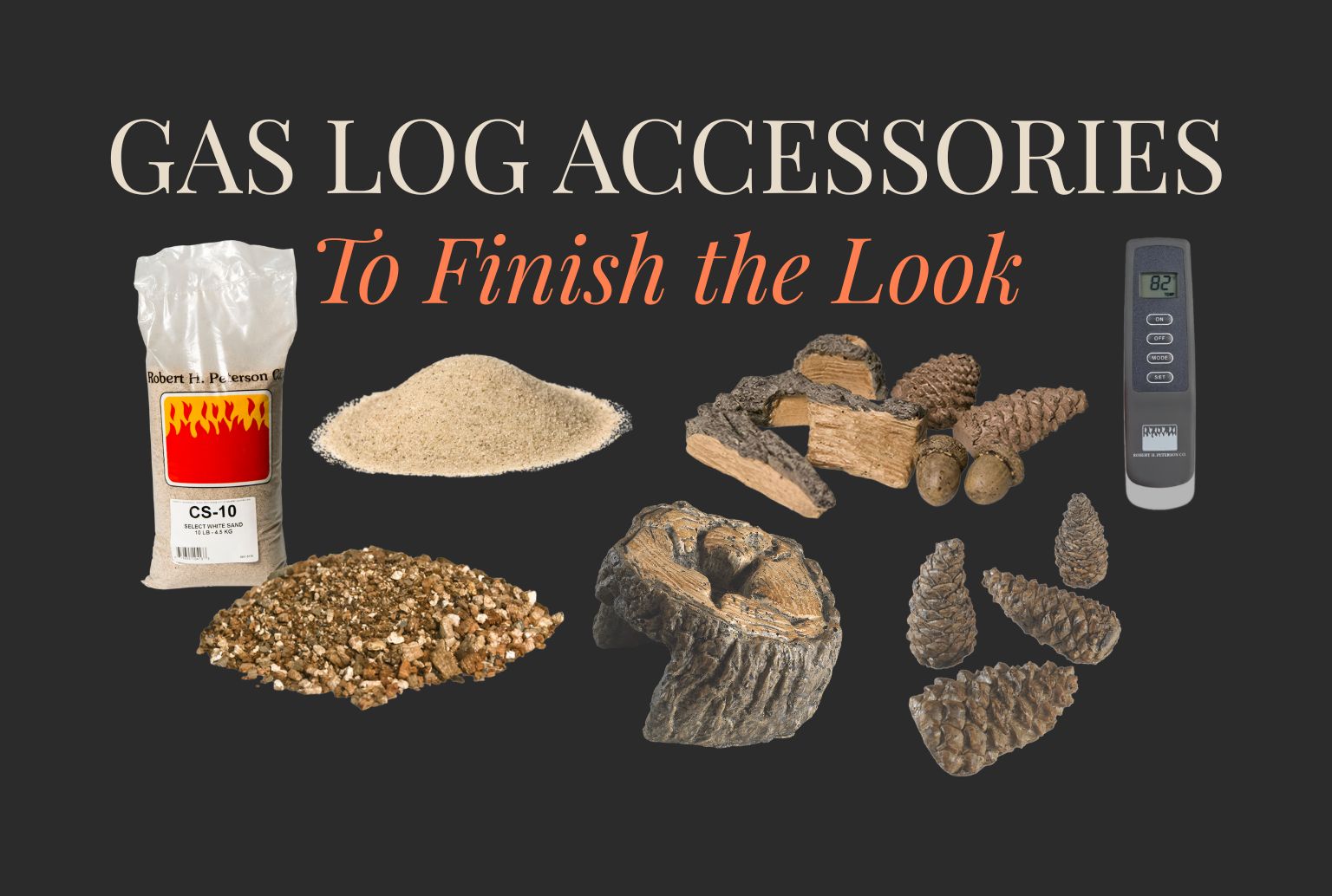 Gas log accessories including decorative embers, remotes, covers, and control kits arranged for upscale fireplace setups.