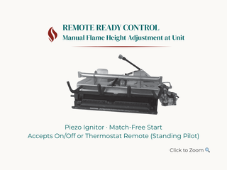 Remote ready control system with piezo igniter and manual flame height adjustment on a white background.