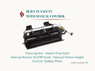 Real Fyre G9 vent free gas log burner with safety pilot, manual on/off knob, and piezo ignition system