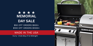 Memorial Day Sale banner for American Gas Works. Save $50 on orders over $500 and $100 on orders over $1000. Sale ends May 27 at midnight. Includes Made in the USA products like BBQ grills and gas logs.