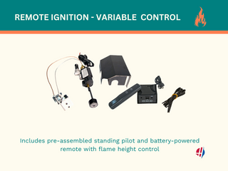 Remote ignition system with flame height control – includes standing pilot, black heat shield, variable control valve, and battery-powered remote.