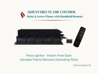 Empire Slope Glaze VFSV millivolt burner with variable flame-height remote system. Includes Piezo ignitor, match-free start, and handheld remote for adjusting flame intensity. Shown with remote and receiver box.